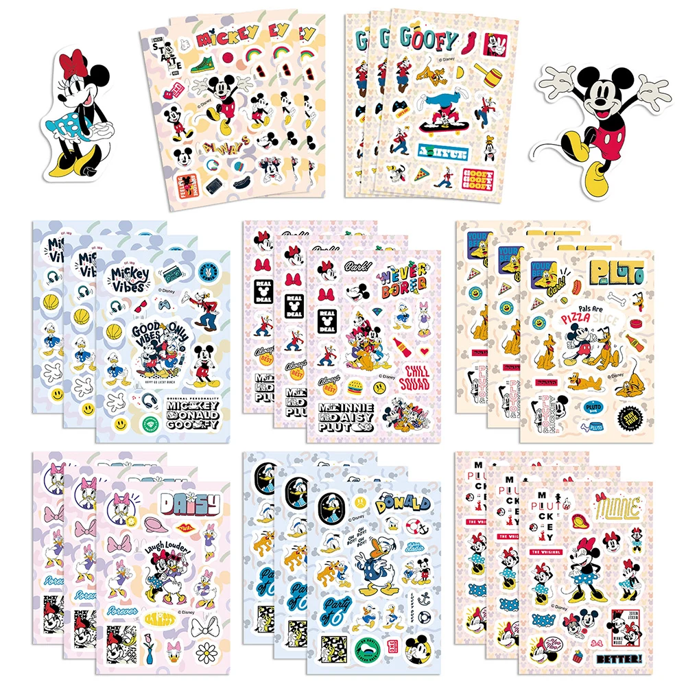 8/16sheets Cute Disney Mickey Minnie Anime Stickers Donald Duck Goofy Cartoon Sticker Laptop Suitcase Phone Funny Graffiti Decal