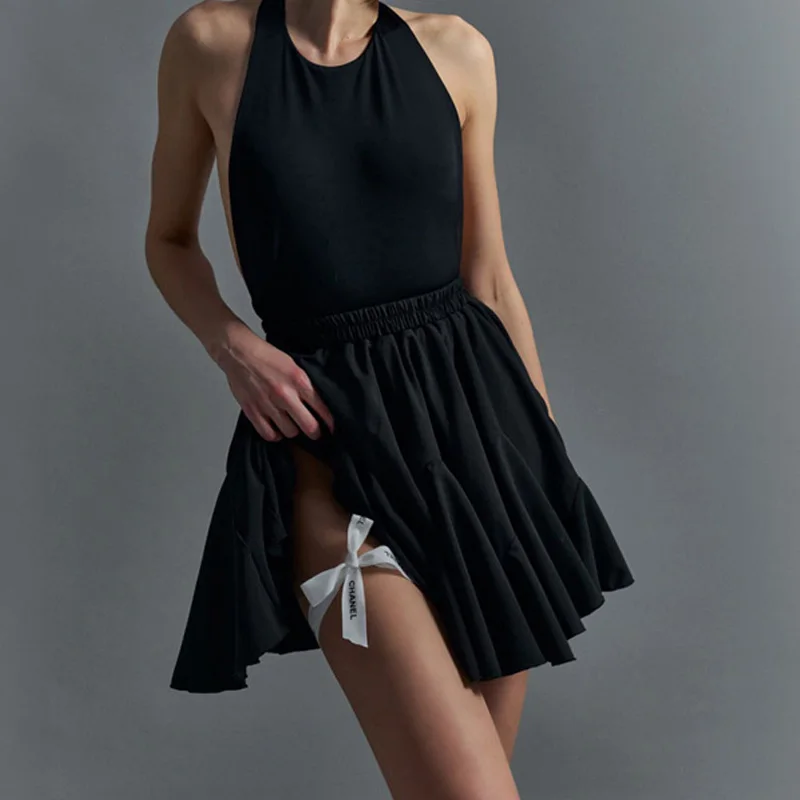 Women's Summer White Mini Skirt High Waist A-Line Vintage Ruffle Tennis Style Black Elastic Waist Cute Ruffle Short Skirts