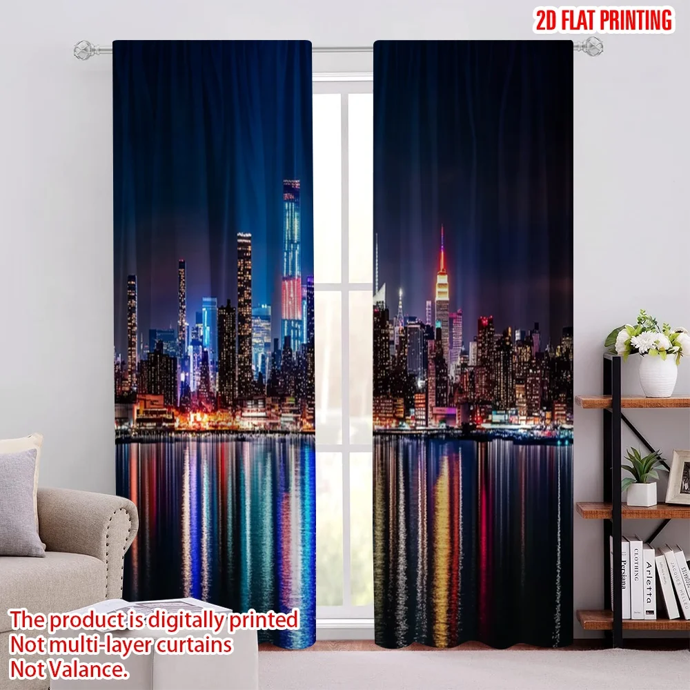 

2 шт. 2D-шторы с плоской цифровой печатью «Ночной вид на Нью-Йорк» (2 шт.), полиэстеровые, праздничные, идеально подходят для декоративных занавесок