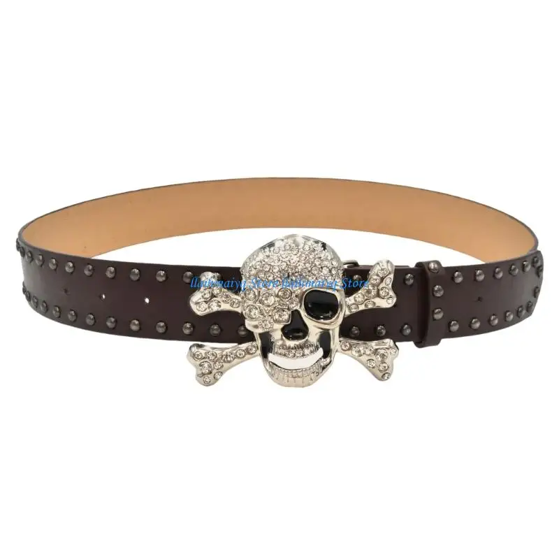 573B Gothicism Fashion Skull Belt Colorful Studs Wide Rhinestones Waistband For Concerts And Streetwear
