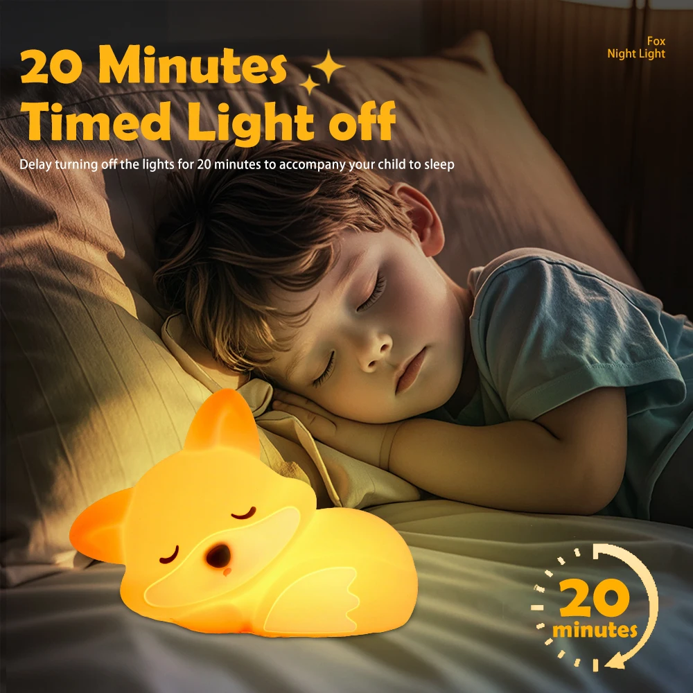 Silicone Fox Night Light Timing Squishy Nursery Sleeping Nightlight Rechargeable Touch Sensor Bedside Lamp for Gift Room Decor