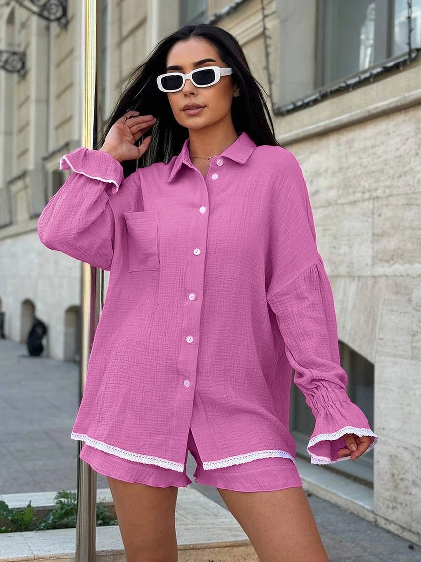 Marthaqiqi Casual Ladies Sleepwear Sets Turn-Down Collar Nightgowns Long Sleeve Nightwear Shorts Loose Pink Female Pajamas Suit