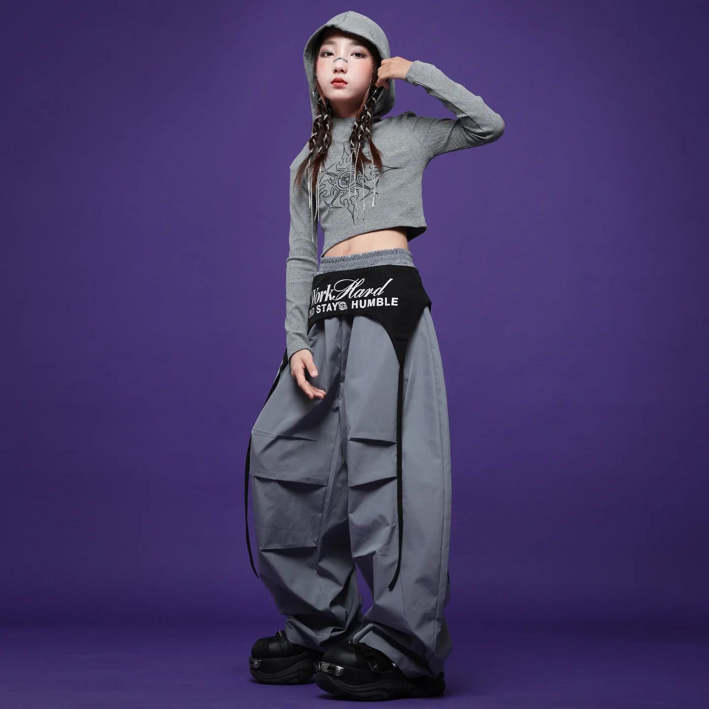 Kid Kpop Abbigliamento Hip Hop Nero Grigio Crop Felpa con cappuccio T Shirt Casual Pantaloni larghi da paracadute per ragazza Ragazzo Costumi di danza di strada Vestiti