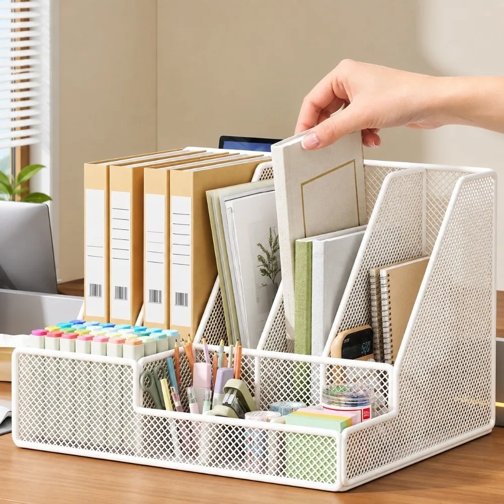with Pen Holder Metal Desktop File Folder 3 Or 4 Slot Multi-Compartment Organizer Document Storage Shelf Space-Saving