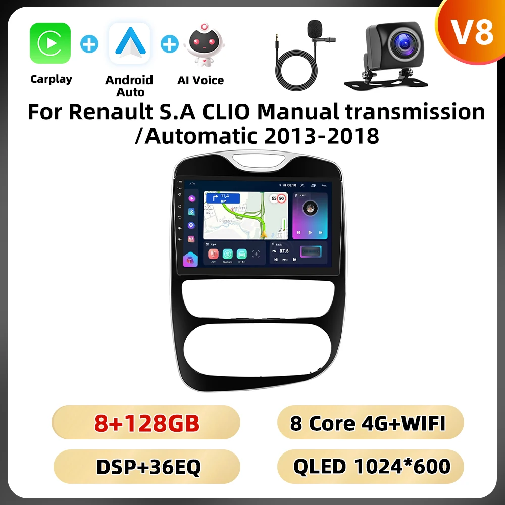 Podofo 10.1 ''2din Autoradio Voor Renault S.a Clio Handgeschakelde Versnellingsbak/Automatische 2013-2018 Carplay Android Auto Gps Wifi 4G Dsp