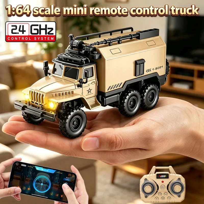 1:64 Mini RC Command Truck 2.4G 10-Channel Alloy Remote Control Car with Headlight Music APP Control Toy Gift for Boys