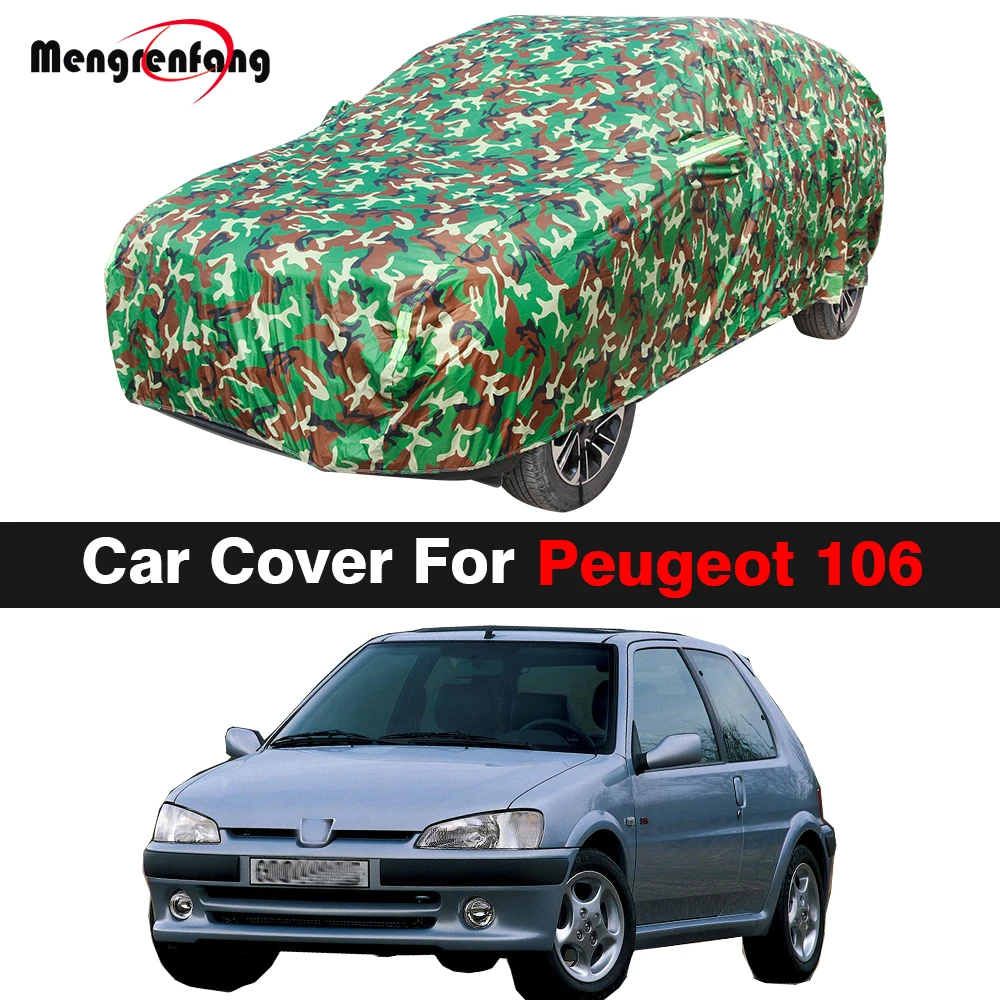 

Полный камуфляжный автомобильный чехол для Peugeot 106 1991-2022, водонепроницаемый автомобильный уличный анти-УФ-солнцезащитный козырек от дождя, снега, ветра, защитный чехол