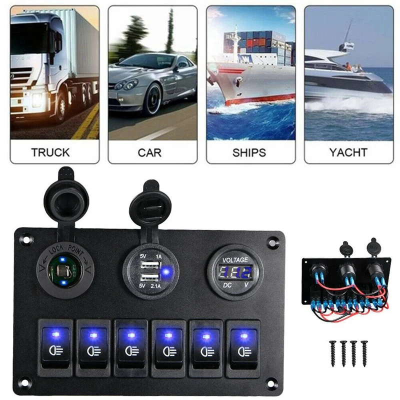 2x 6 Bende Schakelpaneel Met 12V-24V Led Digitale Voltmeter Dual Usb Oplader Aansteker Socket Voor Rv Vrachtwagen Boot Suv