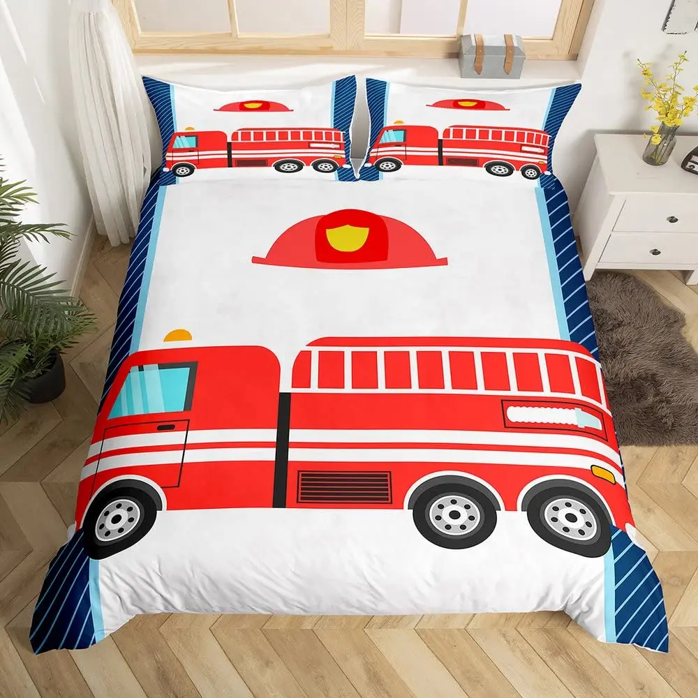 Fire Truck Duvet Cover Set Twin Size Red Firemen Car Vehicle Bedding Set Fire Engine Pattern for Boys Tire Printing Quilt Cover