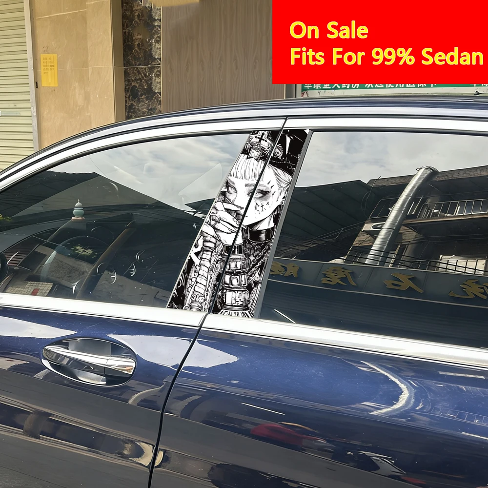 

2pcs Gothic Nun & Skull Death & Devotion Cross Skeleton Saint B-Pillar Car Center Pillar Sticker B Pillar Protective Film