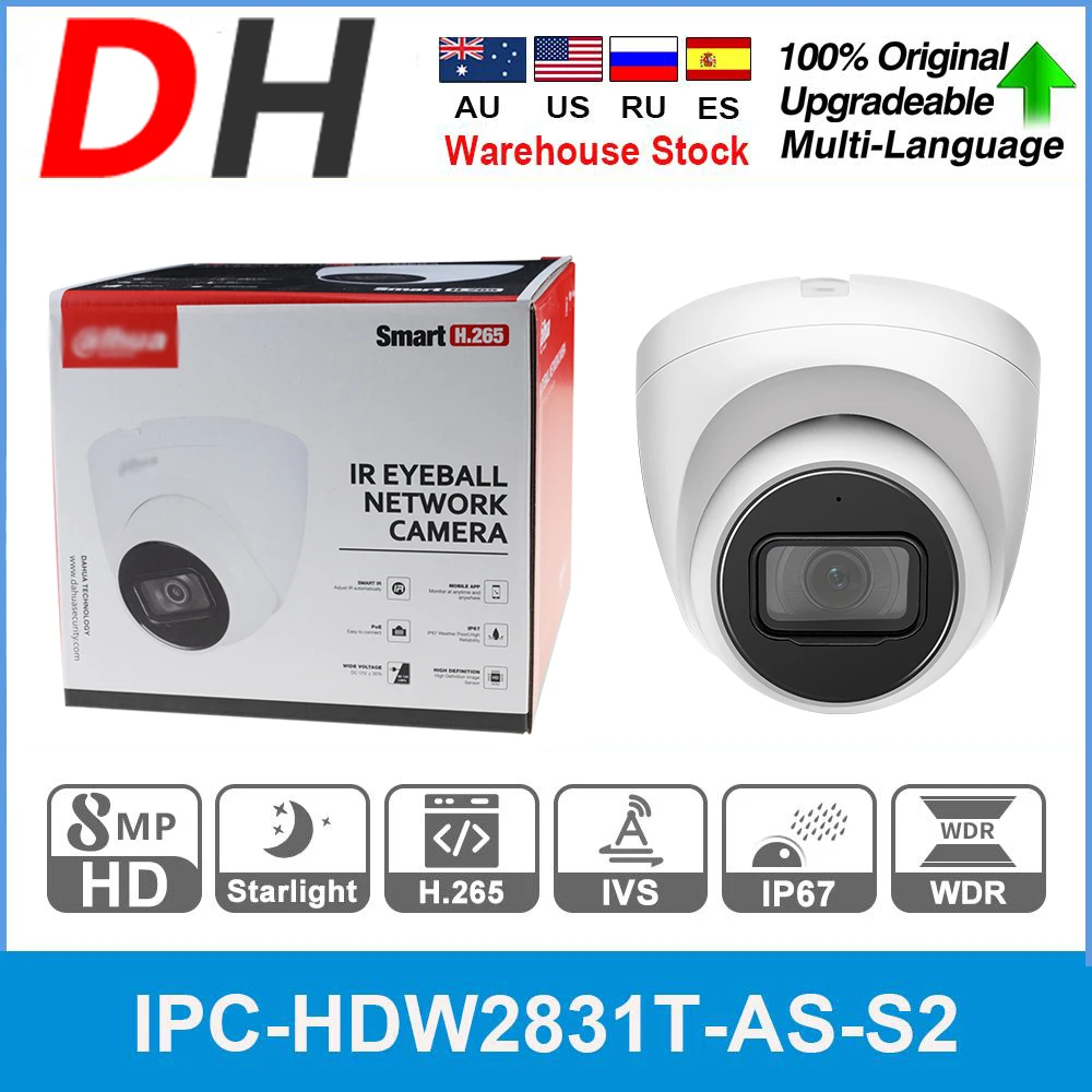 Dahua 8MP IP Camera IPC-HDW2831T-AS-S2 4K Starlight POE Built-in Mic H.265+ 30M IR CCTV Surveillance Video IPC For Home Security