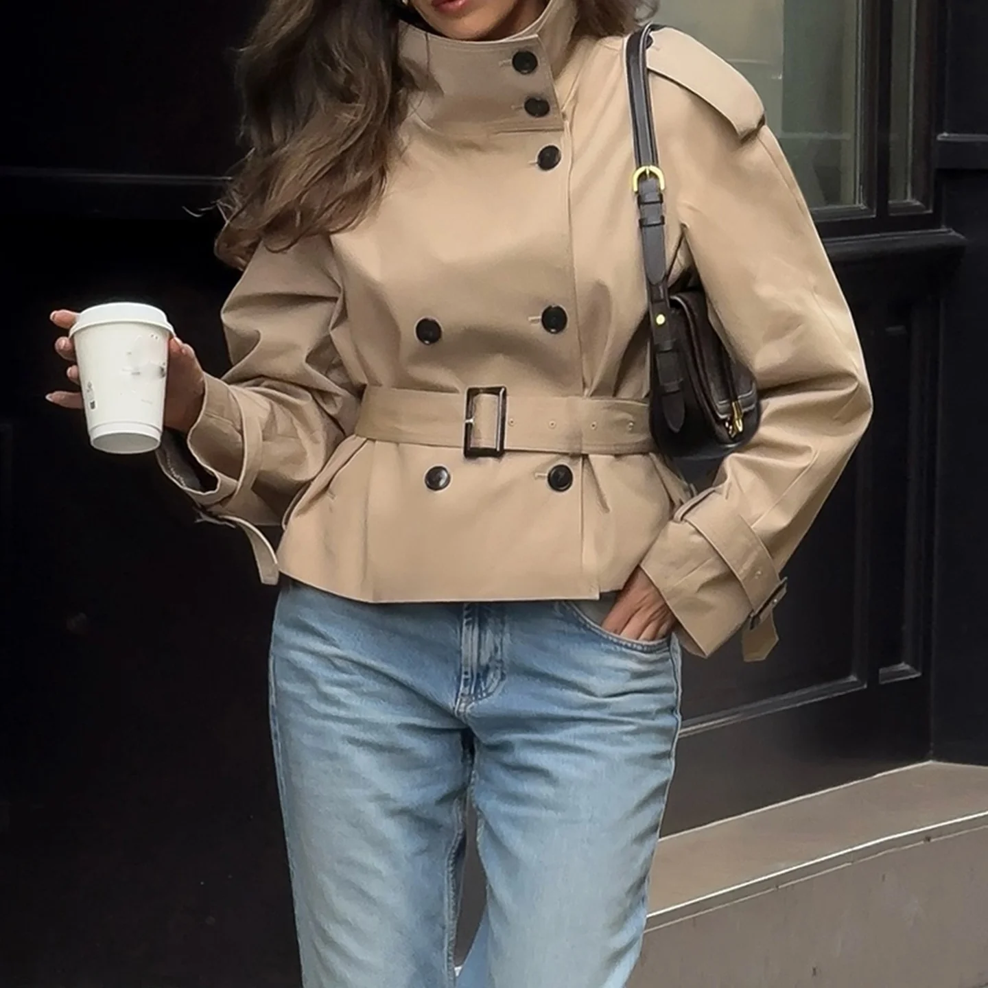 Women's Fashionable Long Sleeve Stand Collar Button Decorated Belted Commuter Style Windbreaker 2026 New Summer Clothing