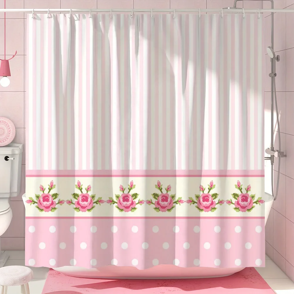 Cute Pink Bow Shower Curtain Simple European Lace Stripe Minimalist Modern Polyester Shower Curtains Bathroom Decor with Hooks