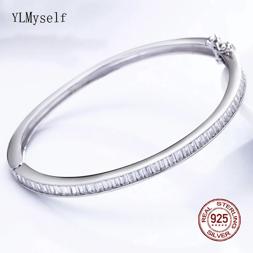 5*5.6 cm Diameter (Suitable for 15-17.5CM) Real 925 Silver Bangle Jewelry 4mm Wide Square CZ Luxury Sterling Silver Bracelet