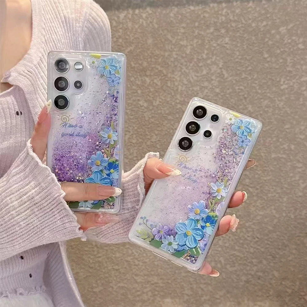 Luminous Sequins Glitter Quicksand Case For Samsung S25 S24 S23 Ultra Glitter Flower Bling Clear TPU Cover