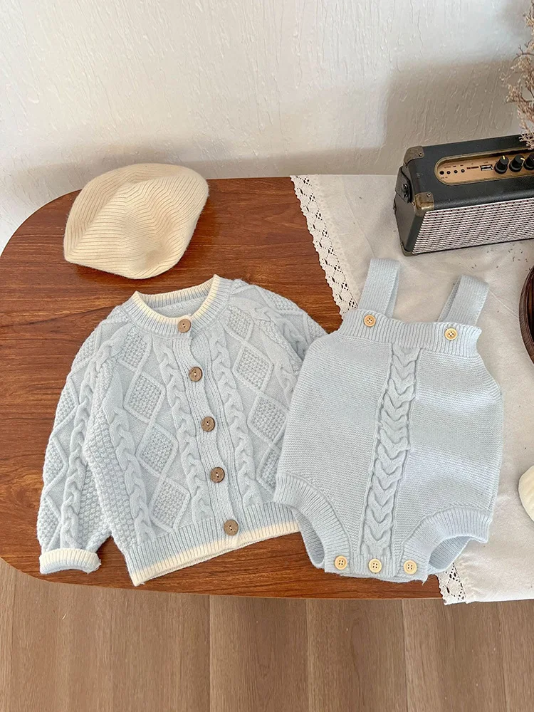 2026 Autumn New Baby Girl Knitted Sweater Cardigan + Sleeveless Strap Bodysuit 2pcs Suit Infant Set Toddler Girls Cotton Outfits