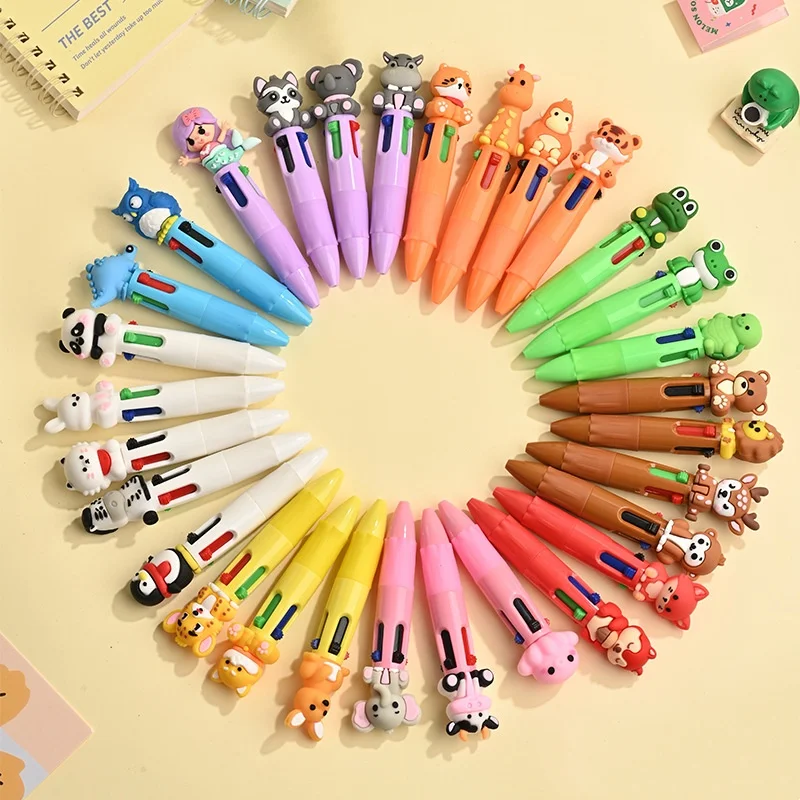 

Набор из 10 мини-ручек в форме животных, 4 цвета (черный + синий + зеленый + красный), однотонные четырехцветные ручки, ручки для ведения дневников, креативные карманные ручки с мультяшным дизайном и сменными наконечниками.