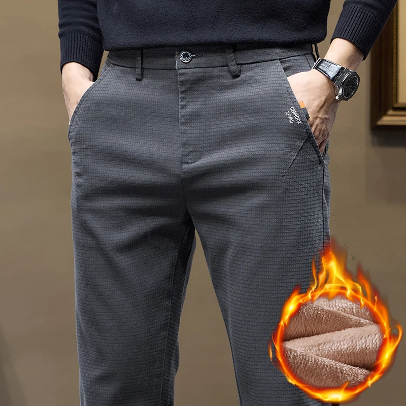 

Зимние флисовые мужские повседневные брюки, модные деловые толстые бархатные классические брюки, тонкие эластичные мягкие плюшевые мужские брюки