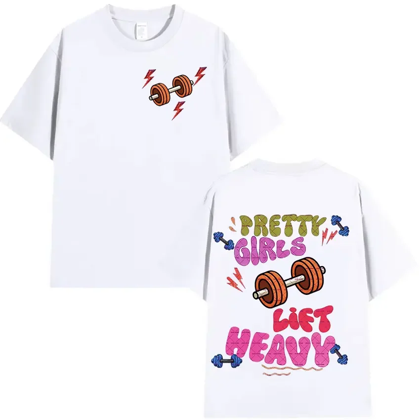 

A charming and pretty man raises a heavy muscle fitness pattern printed retro aesthetic short-sleeved T-shirt casual wear