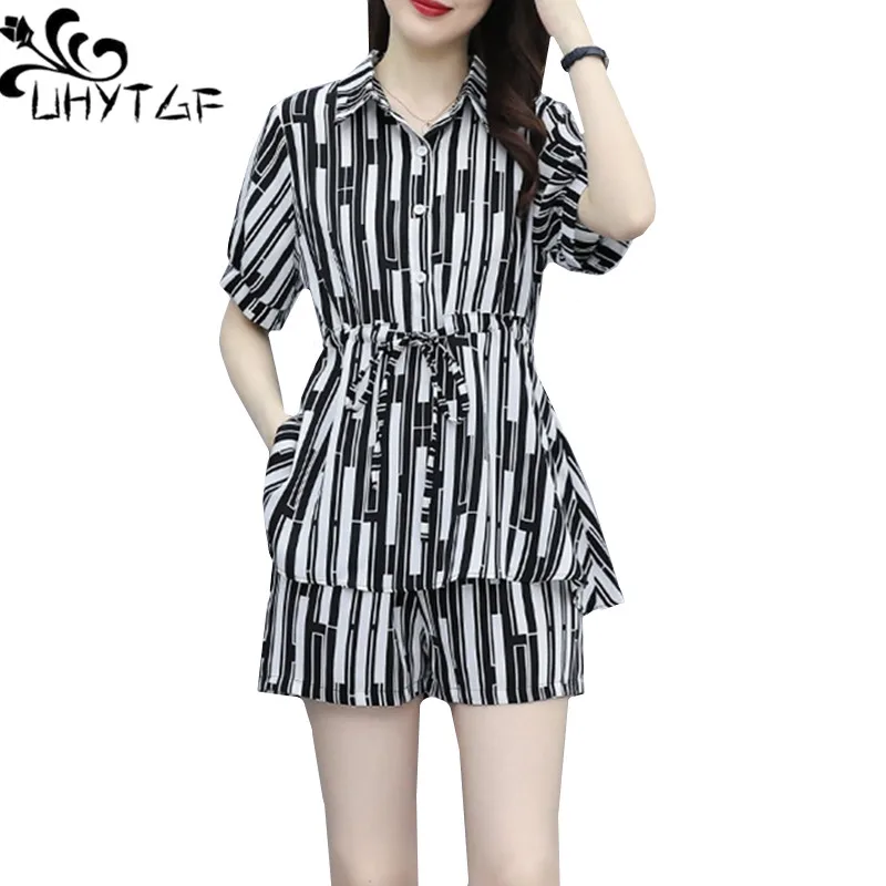 

UHYTGF Summer 2 Piece Sets Womens Outfits Fashion Striped Short Sleeve Top + Elastic Waist Shorts Suit Female Thin Tracksuit 77