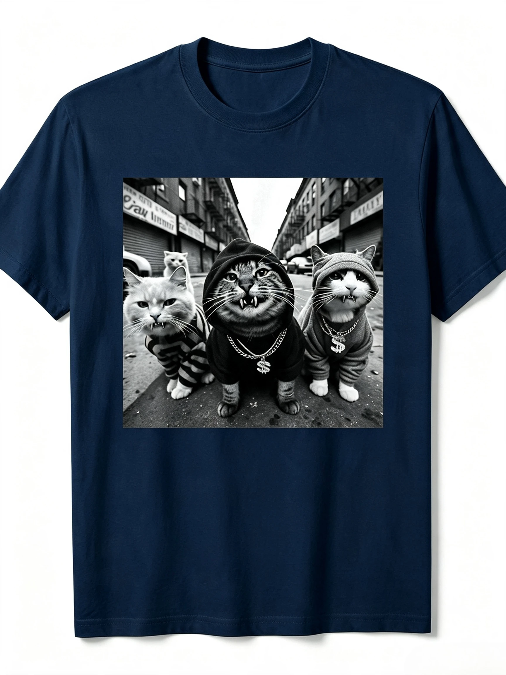 Retro Urban Cats in Hoodies T-shirt Men Women Cool Feline Group Meme Printed Tee Loose Daily Trendy Street Tops