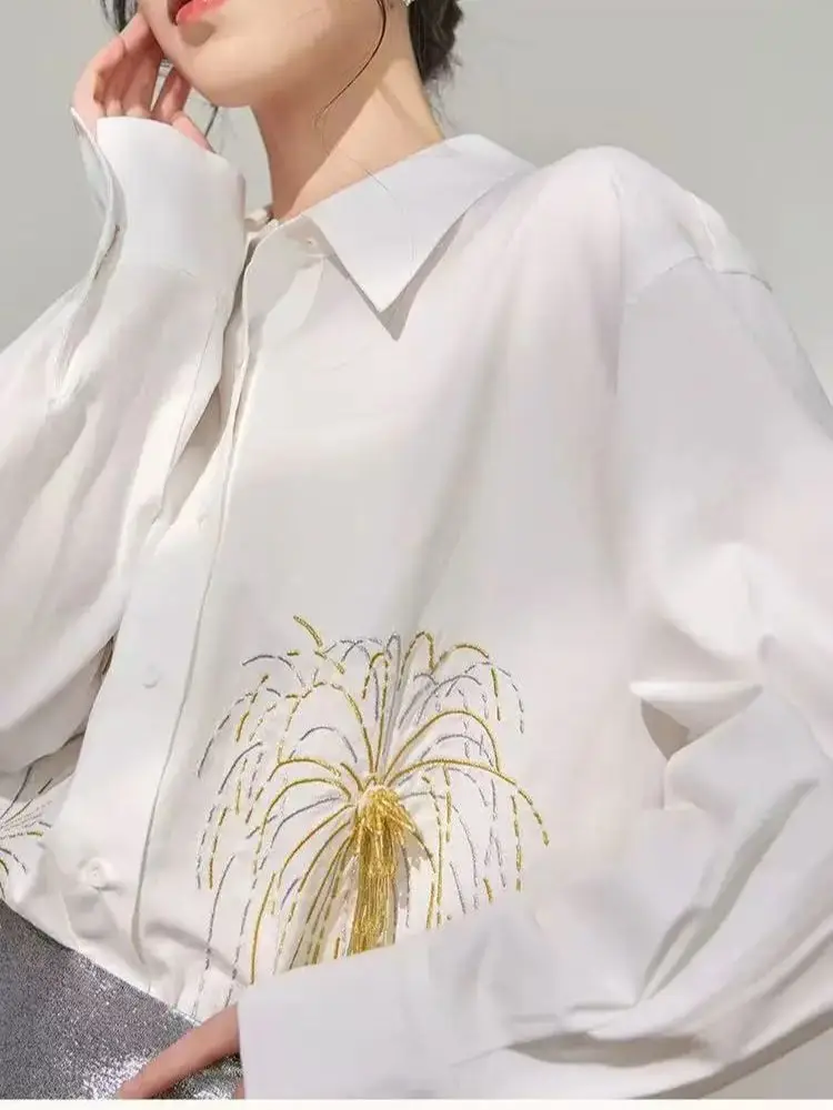 

New In 2025 Fashion Embroidery Crystal Tassel Cotton Shirts and Blouse Woman Mid-length Oversized White Top Blusas Women Clothes