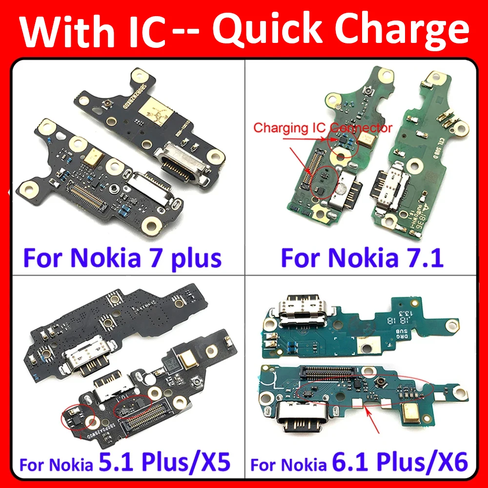 Puerto de carga USB, Conector de base, placa de micrófono, Cable flexible para Nokia 6, 7 plus, 5,1, 6,1, 7,1, 8,1 Plus, X5, X6, X7