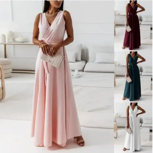 Elegant Party Dresses For Women 2024 Solid Color V Neck Sleeveless Swing Maxi Long Dress Cocktail Party Evening Dress