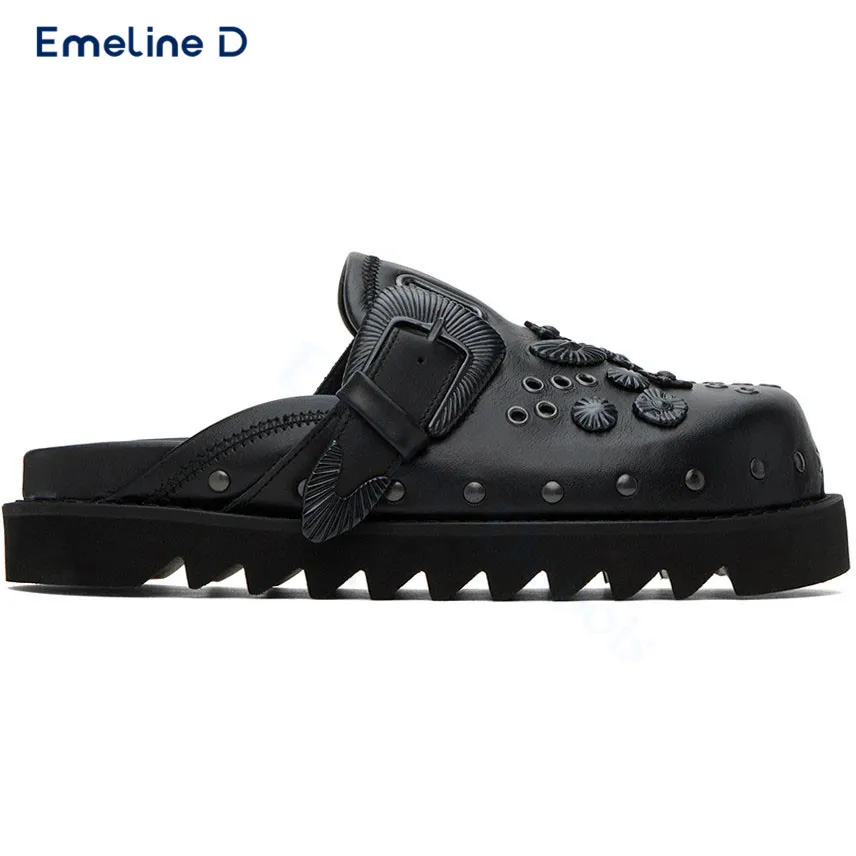 Hardware Rivet Belt Buckle Slippers Round Toe Thick Bottom Studded Leather Casual Shoes Ladies Fashion Trend Slippers