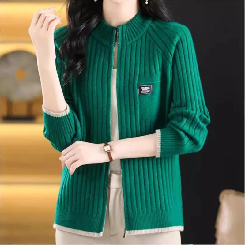 

Knitted Cardigan Women's Jacket 2025 Spring And Autumn New Outerwear Loose And Stylish Long Sleeved Casual Zipper Sweater Green