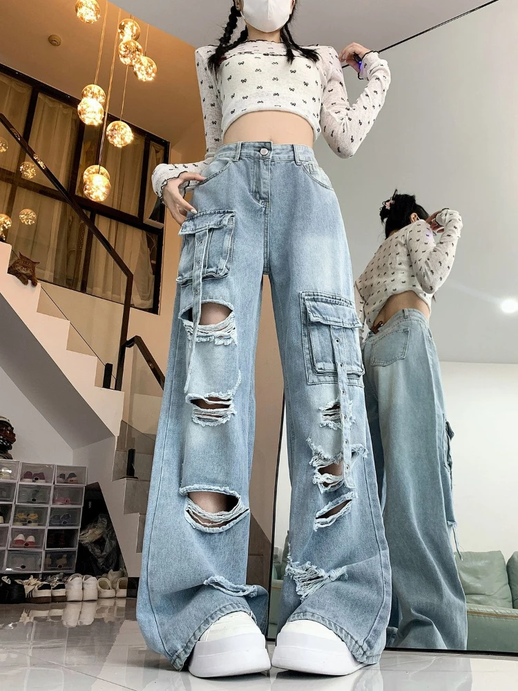 

New Women's High Street Ripped Cargo Jeans Vintage American Style Loose Straight Wide Leg Pants with Unique Design Flowy Fabric
