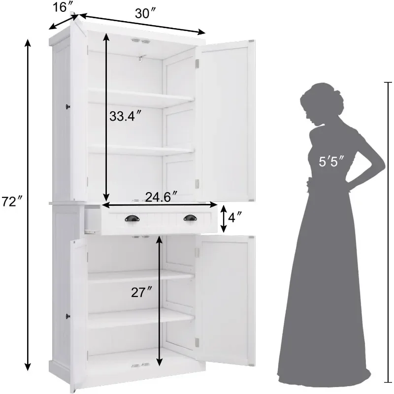 Kitchen Pantry Storage Cabinet with Drawer and Adjustable Shelves, Bathroom or Hallway