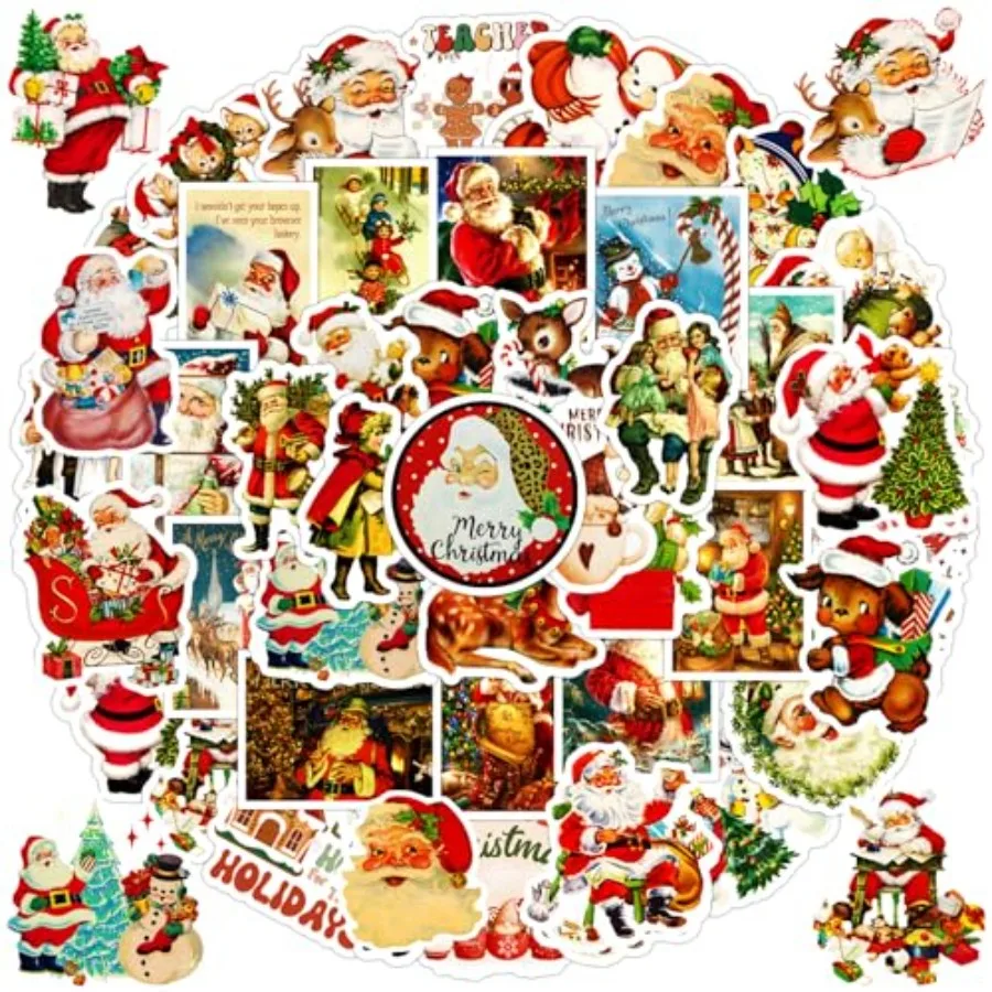 100PCS Vintage Christmas Stickers, Santa Claus Snowman Sticker Pack for Teens Adults, Waterproof Holiday Stickers Decals for Sc