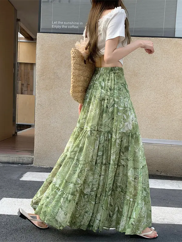 Summer New Style Holiday Print Chiffon A-Line Midi Skirt High Waist Beach Holiday Wide Skirt Women's Polyester Fiber Blouse