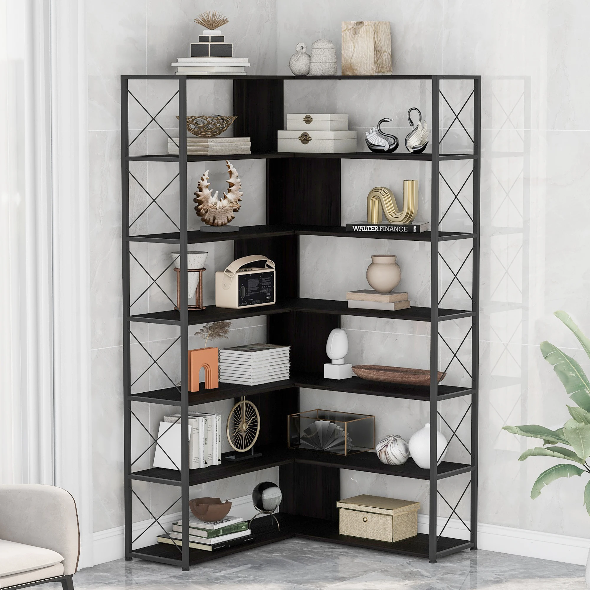 7-Tier Bookcase Home Office Bookshelf, L-Shaped Corner Bookcase with Metal Frame, Industrial Style Shelf with Open Storage