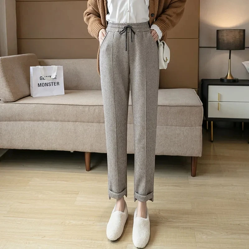 

Warm 2023 Winter women's pants South Korean elastic waist office pencil pants plus plush thick pants