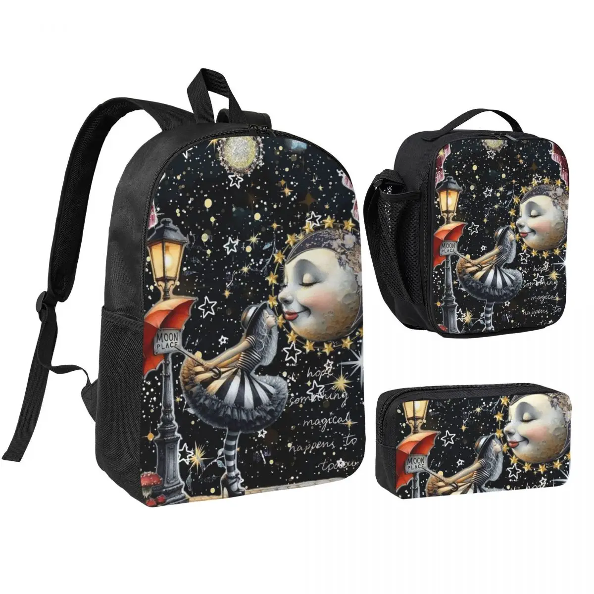 Gothic Girl Kiss Smiling Moon Design Backpack Student BookBag School Bag Shoulder Bags 3ps Insulated Lunch Bag Pencil Case