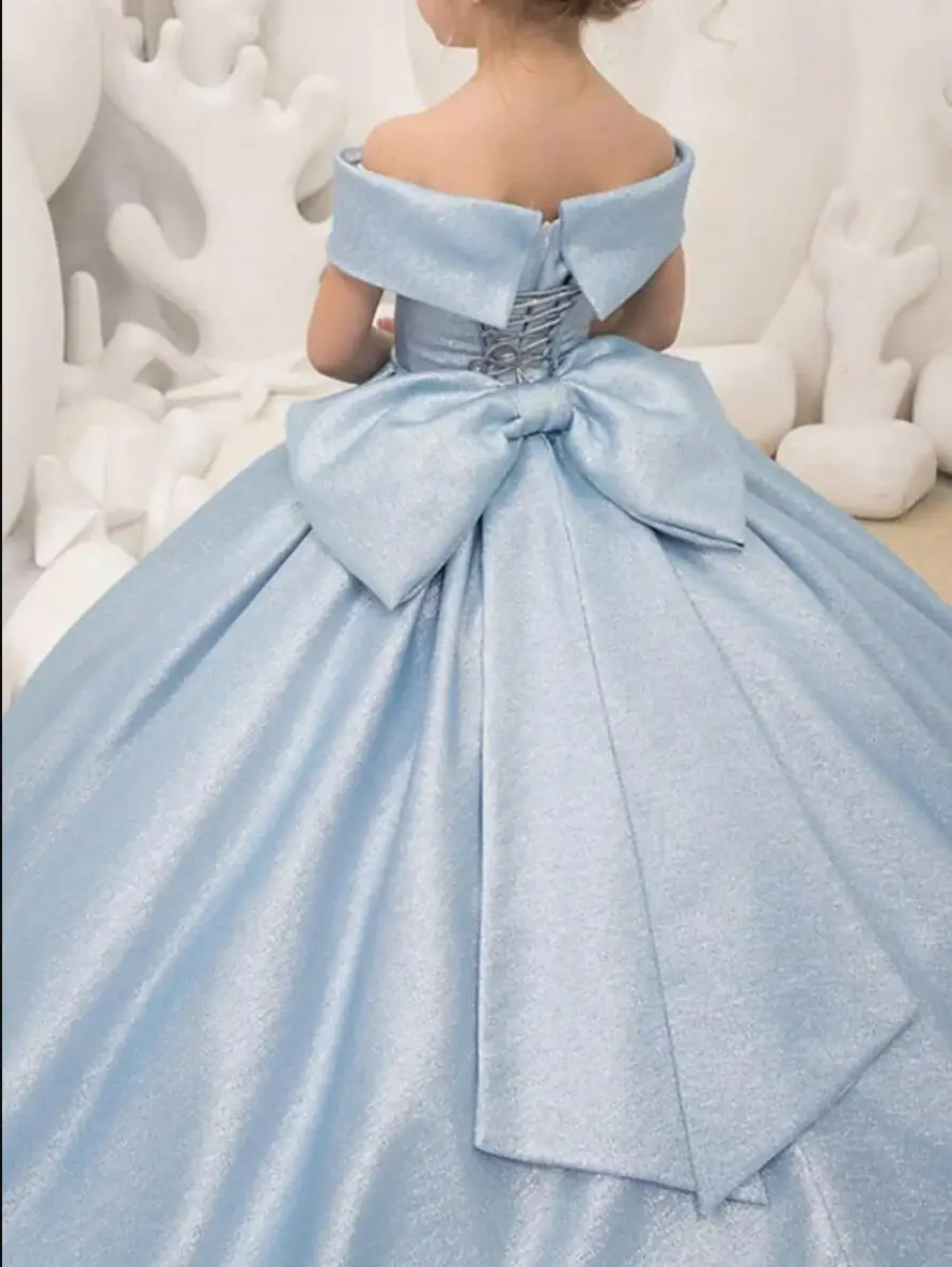 Vestidos de niña de flores azul claro, vestido de baile de satén de princesa elegante con lazo Simple para niños, fiesta de cumpleaños, primera comunión