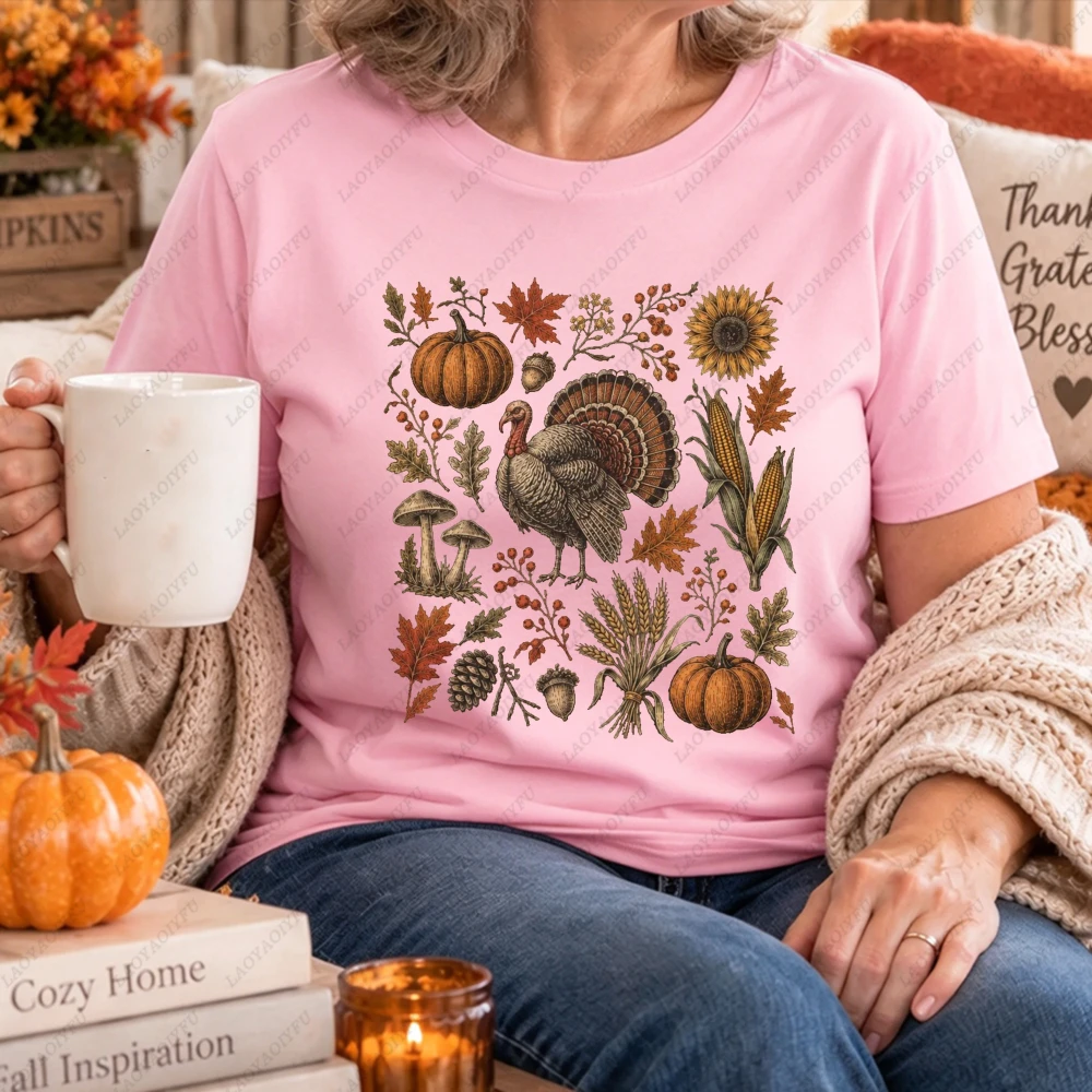 Vintage Thanksgiving Turkey Pumpkin Sunflower Graphic Women Short Sleeve Cotton T-Shirt Fall Mushroom Harvest Botanical Tops