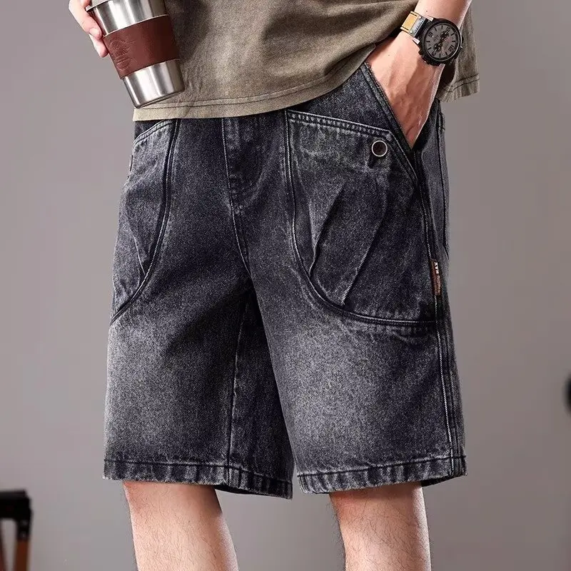 

Summer thin elastic waistband drawstring denim shorts for men, trendy brand, high-end American style, five point casual mid leng