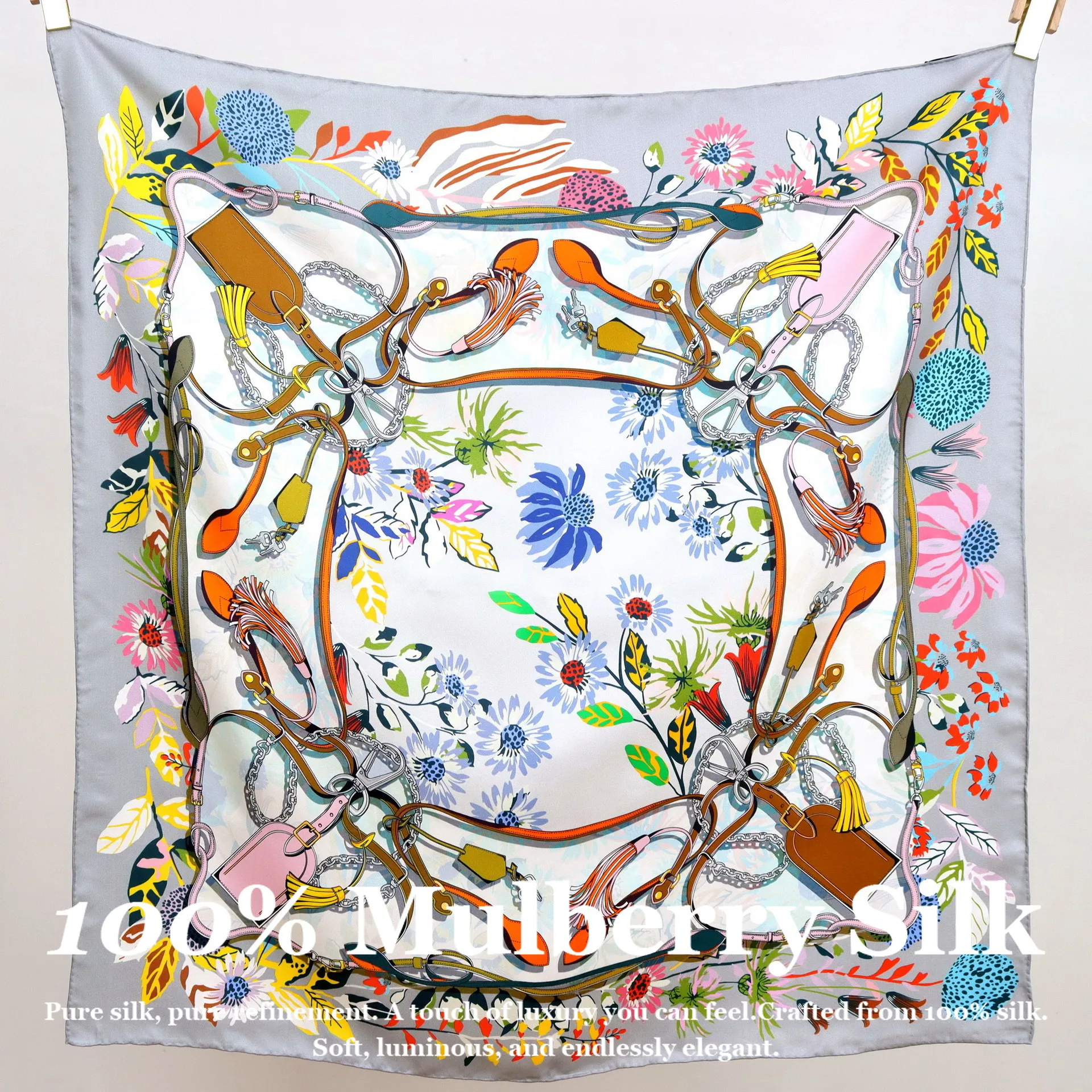 

Классический шелковый платок с цепным принтом, 90 см, квадратный, 100% натуральный шелк тутового шелкопряда, женская роскошная дизайнерская шаль-платок, хиджаб, бандана