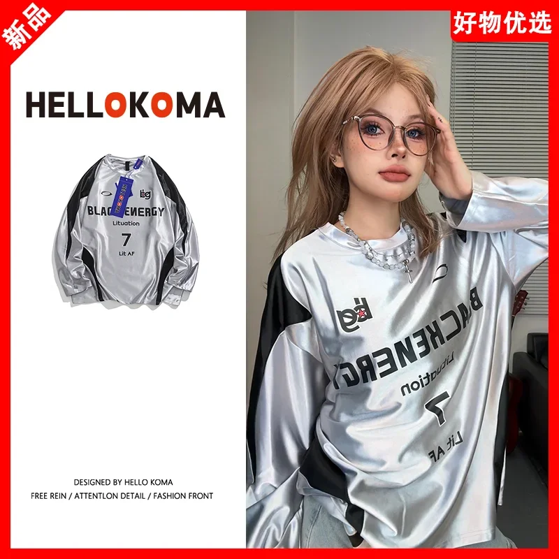 

European and American Style Retro Contrast Sports T-shirt Women Autumn Letter Print Satin Long Sleeve Loose Casual Fashion Top