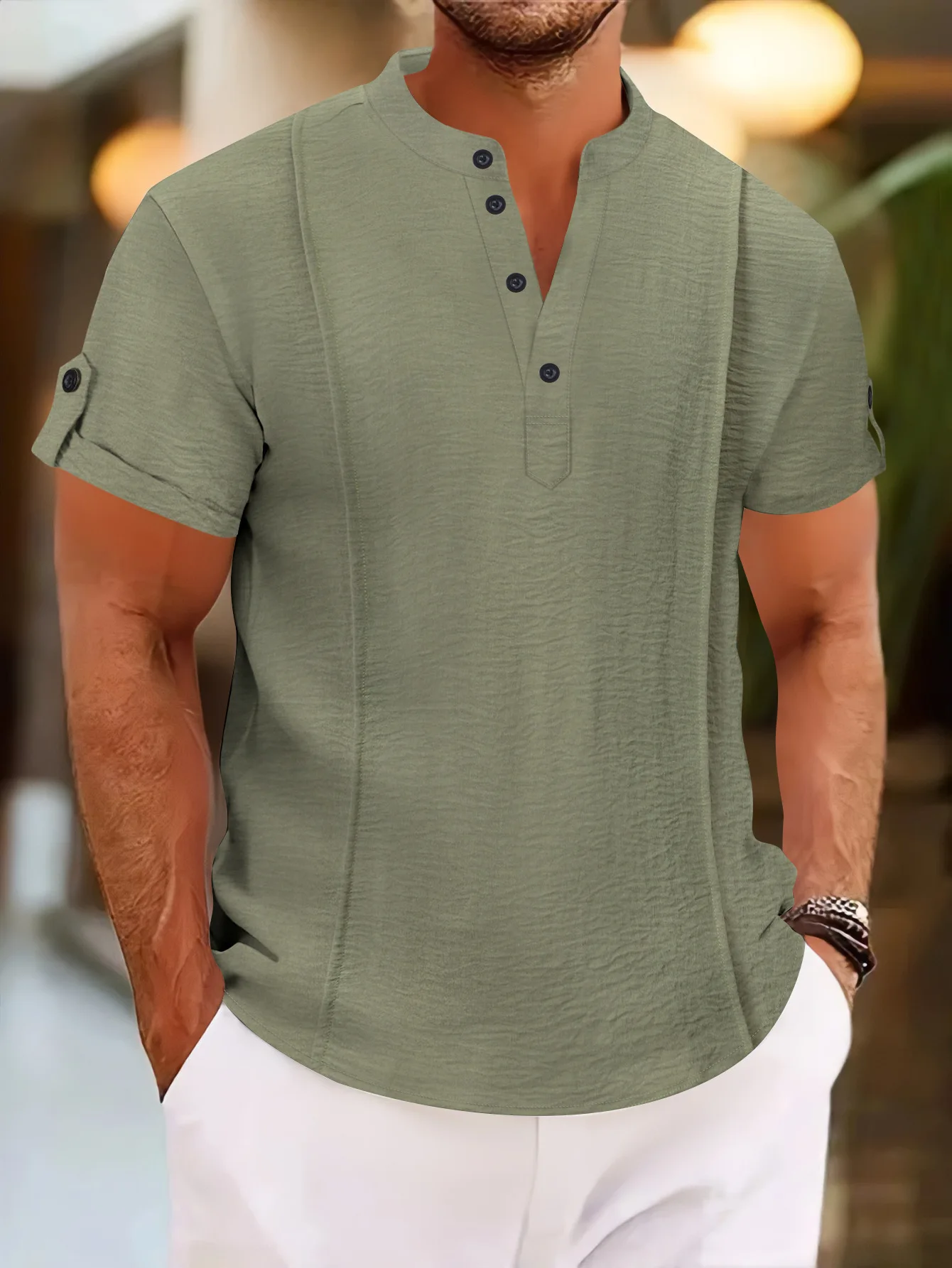 

Men's casual Henley shirt - New summer short-sleeved button V-neck top - Vintage cotton and linen blend T-shirt - Street style