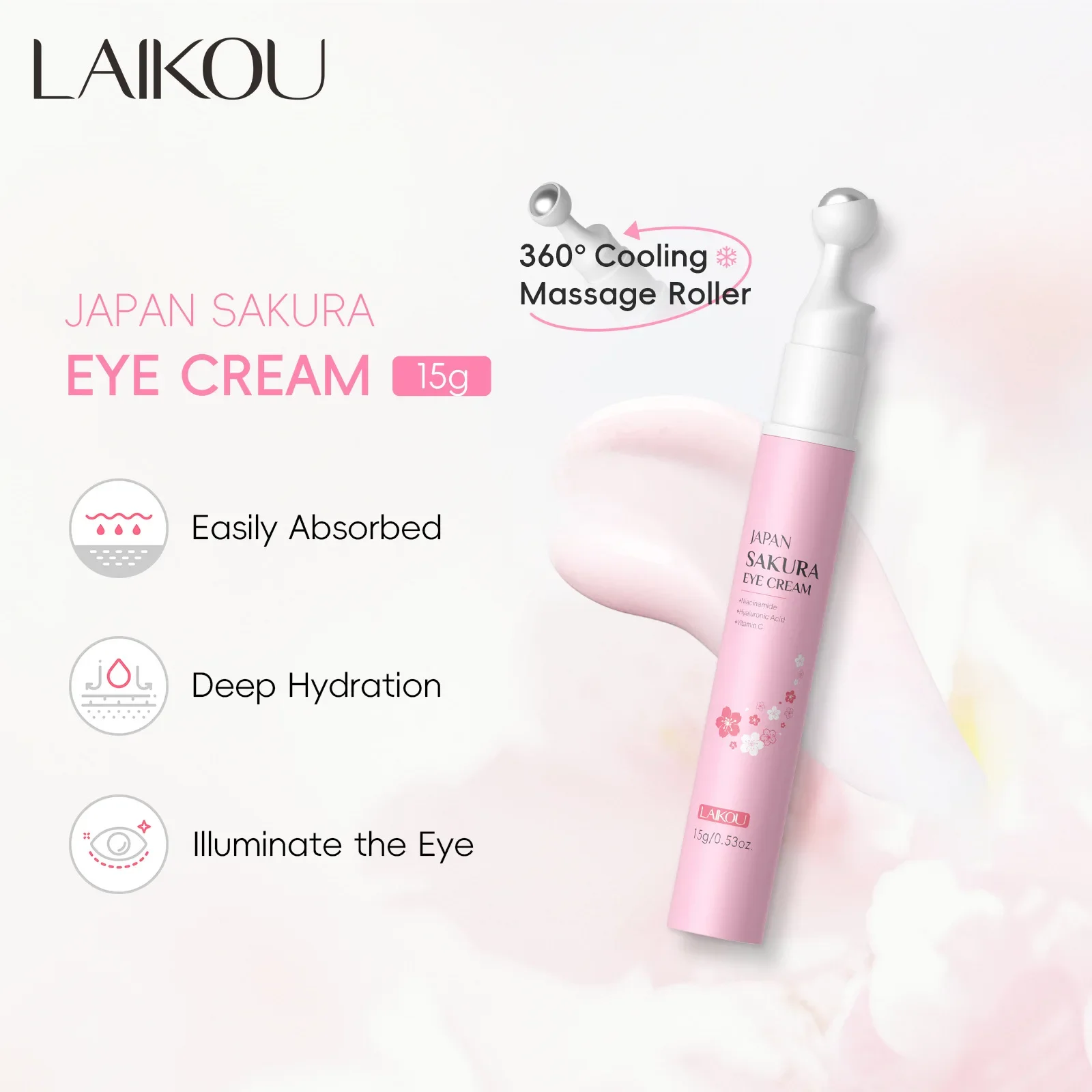 Japan Sakura Eye Cream 15g Hydrating Anti Aging Dark Circle Removal Tightening Refreshing Serum 360 Degree Roller Massage