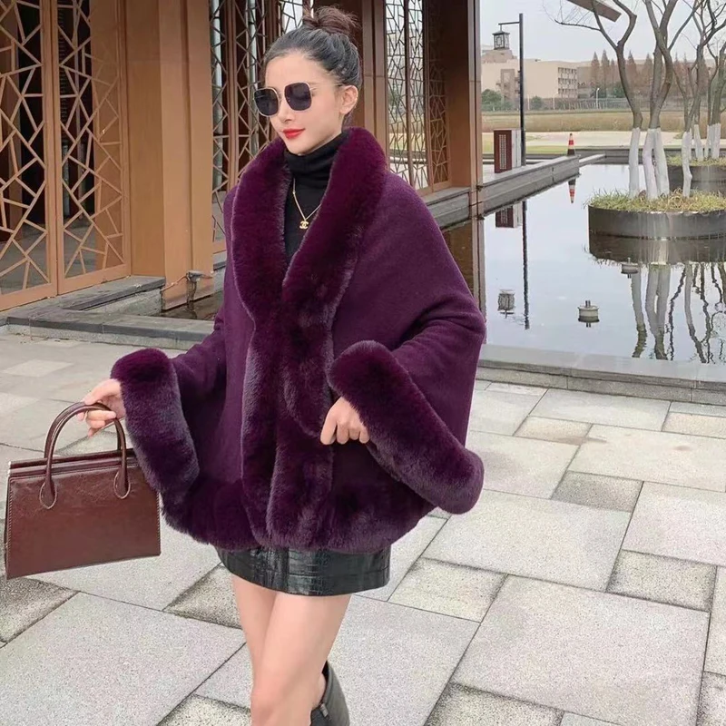 Soft Faux Rex Rabbit Fur Cape Shawl Coat Knit Poncho Cloak Women Fashion Cardigan Wraps Fall Winter Pashmina 10 Colors