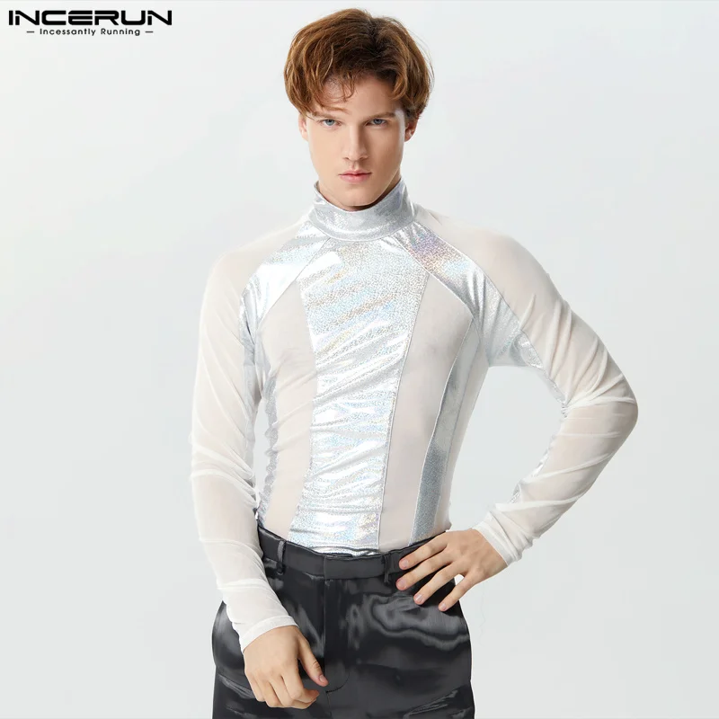 INCERUN-body de malla con cuello alto para hombre, ropa de calle de manga larga, transparente, para Fitness, a la moda, 2024