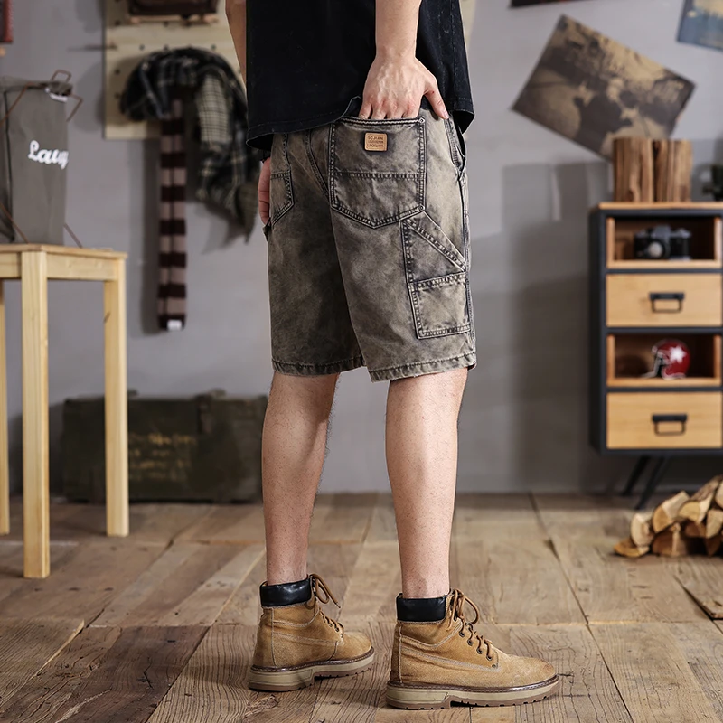 

Summer new American retro workwear men's denim shorts men ins tide straight in pants outdoor biker five points casual pants