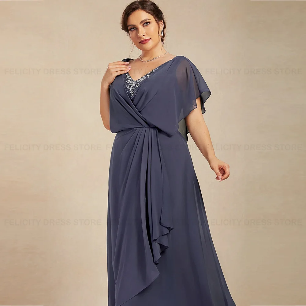 Plus Size Mother of the Bride Dress 2023 A-line V-Neck Chiffon Asymmetrical Long Wedding Party Dresses Bead Sequin Evening Gowns