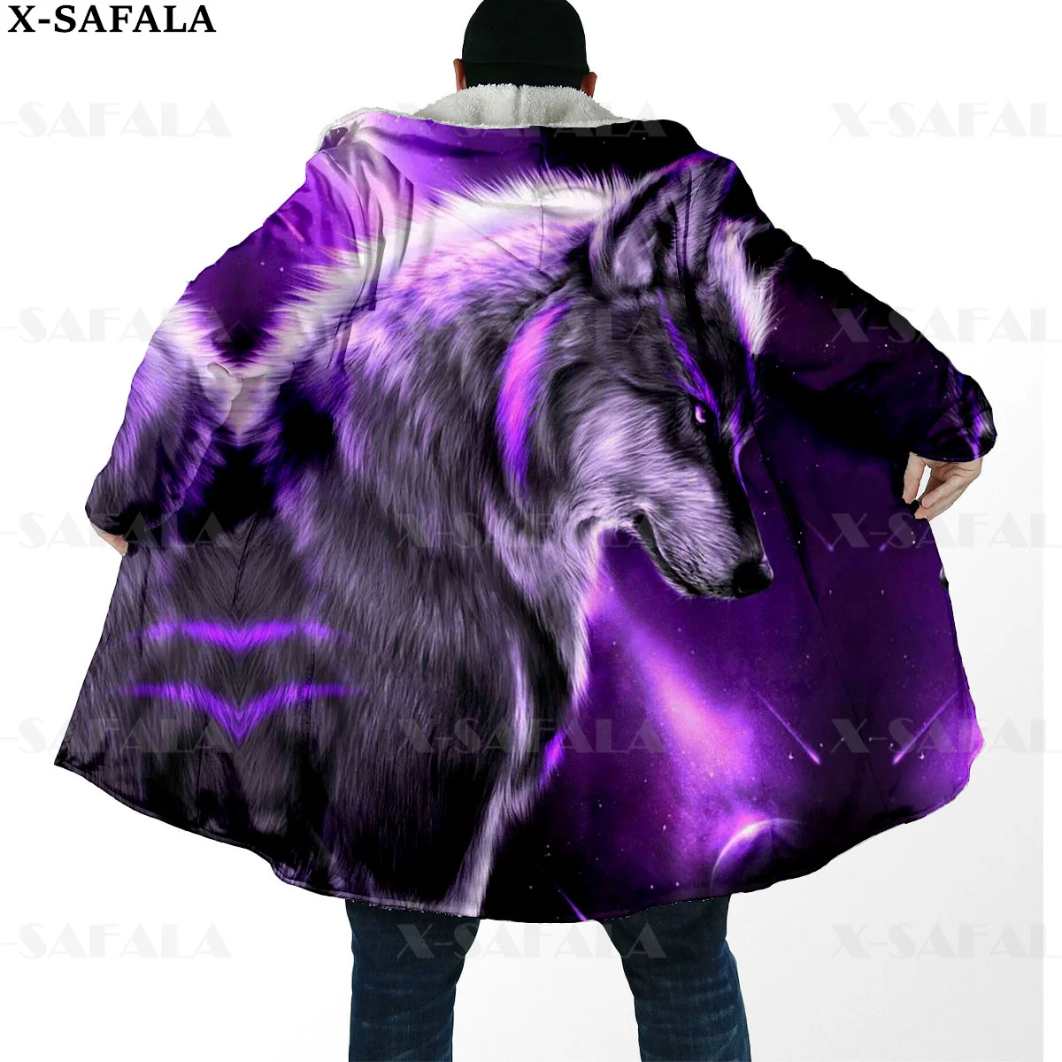 

Galaxy Wolf/Ice And Fire Wolf Printed Thick Warm Hooded Cloak Men Overcoat Coat Windproof Fleece Cape Robe Hooded Blanket-8