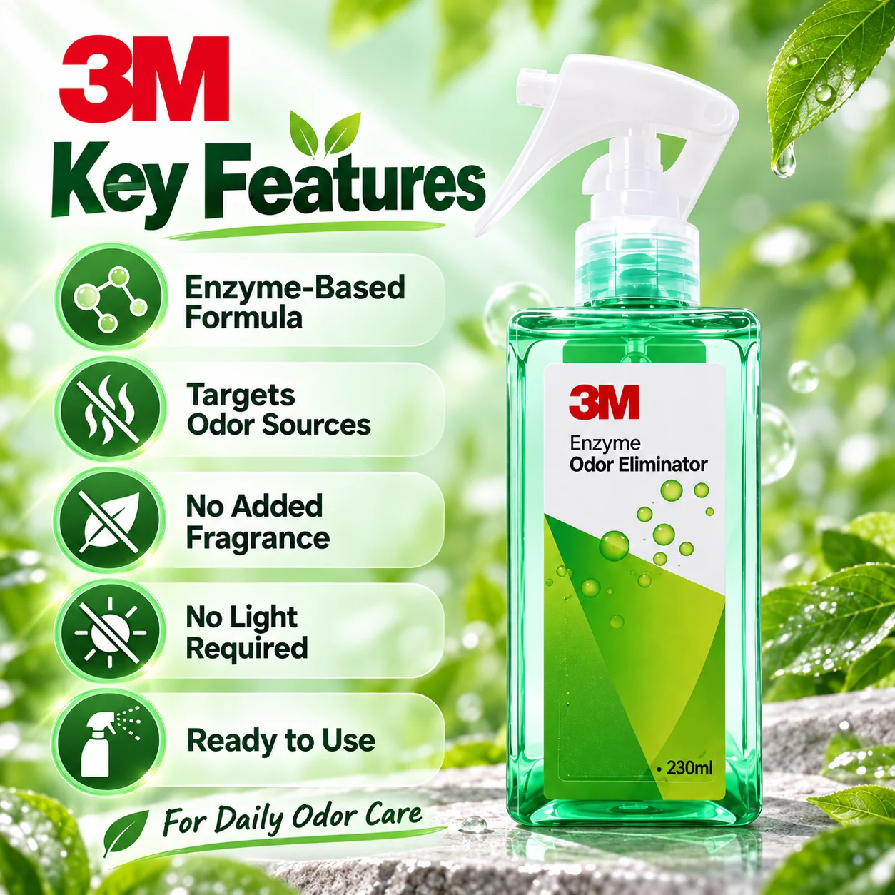 3M Enzyme Odor Eliminator Ready-to-Use Odor Control Spray No Added Fragrance For Home Car Bathroom Pet Areas 230ml